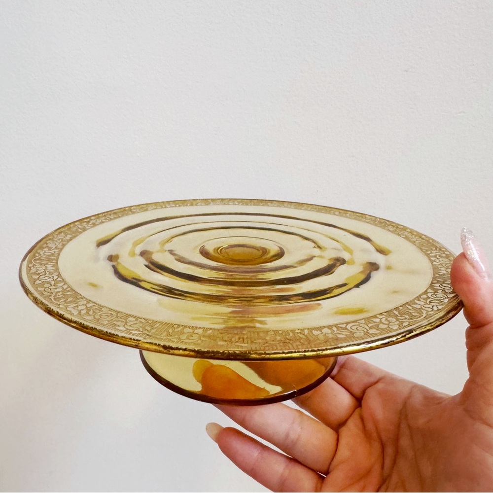 Vintage Gold Floral Trim Amber Pedestal Dish